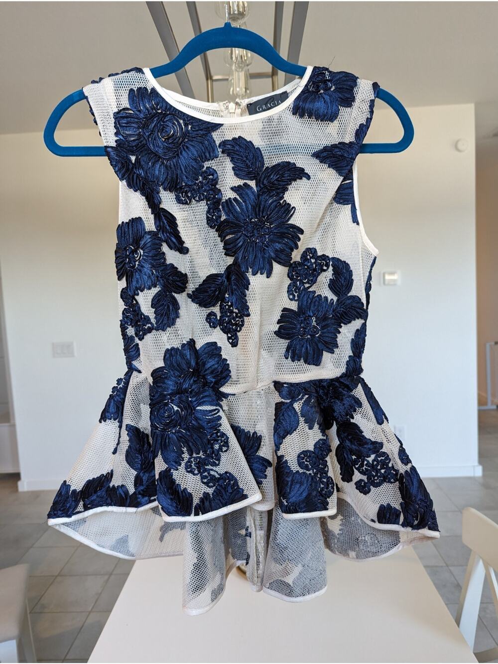 Garcia Women's Small Mesh Nude Blouse Top With Blue Flowers
